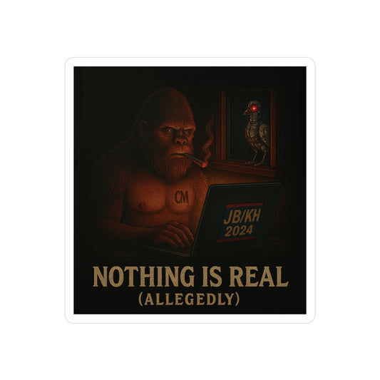 Nothing Is Real (Allegedly) Sticker – Trust No One. Not Even Bigfoot.